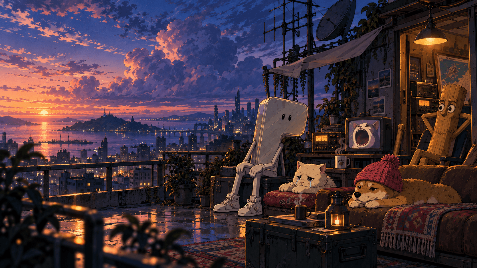 The MTV crew above the city at sunset